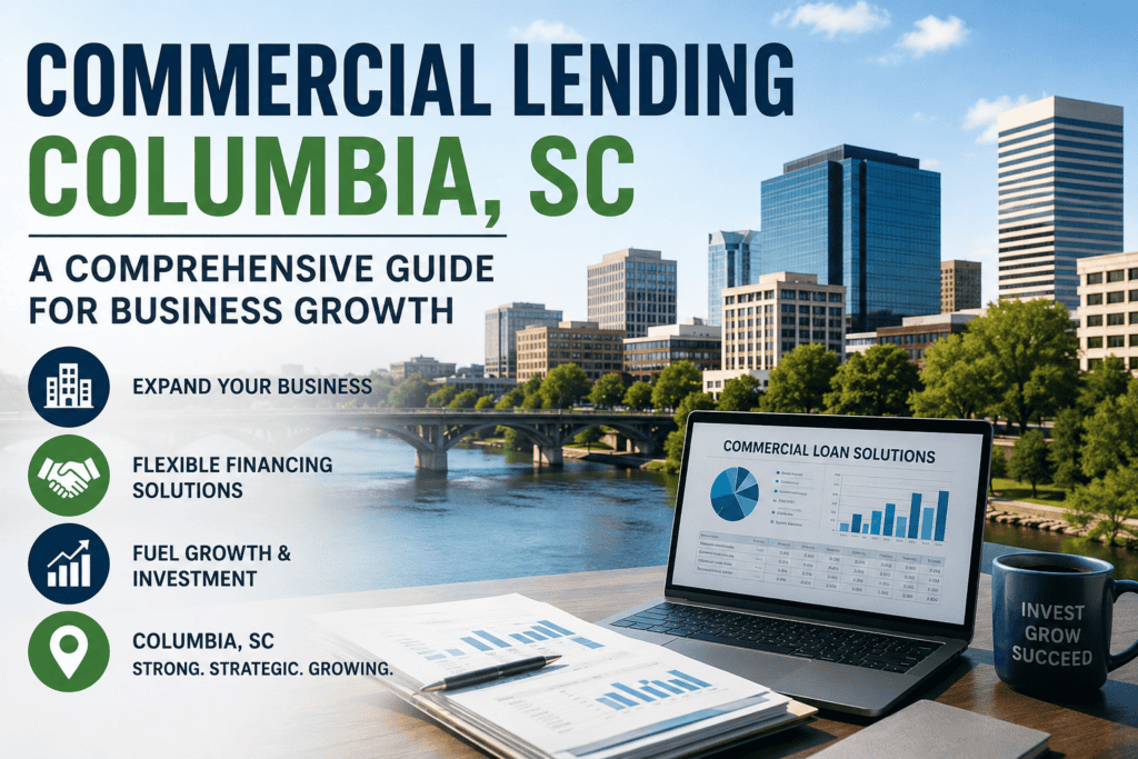 City skyline with business documents and laptop for commercial lending in Columbia SC.