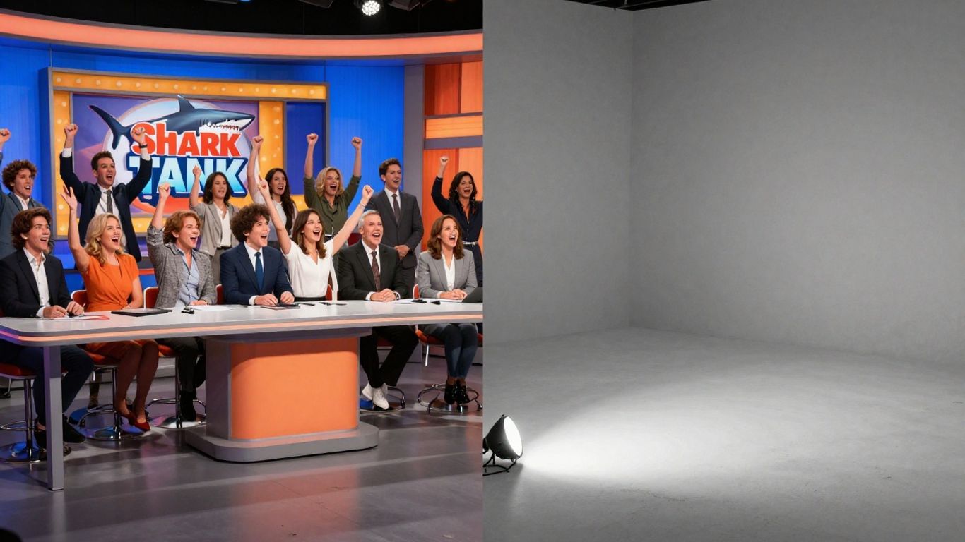 Shark Tank set contrasted with an empty, dark studio.