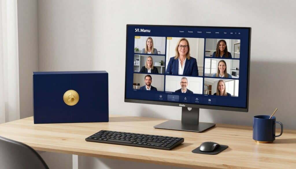 A professional desk setup focusing on a screen with an analytics-driven AI video marketing dashboard, incorporating navy blue, gold, and white aesthetics to represent luxury real estate consulting.